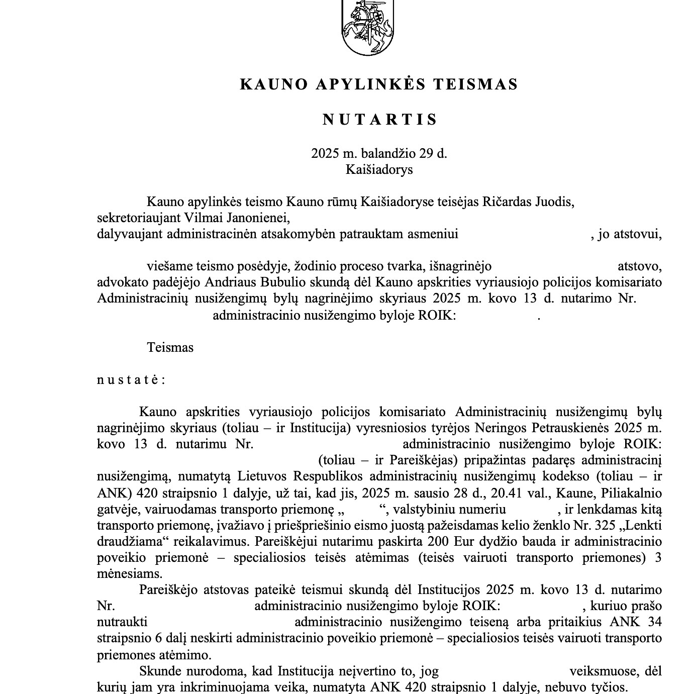 Teismo sprendimas – Lenkimas pažeidžiant ženklą Nr. 325: teisena nutra, psl. 3