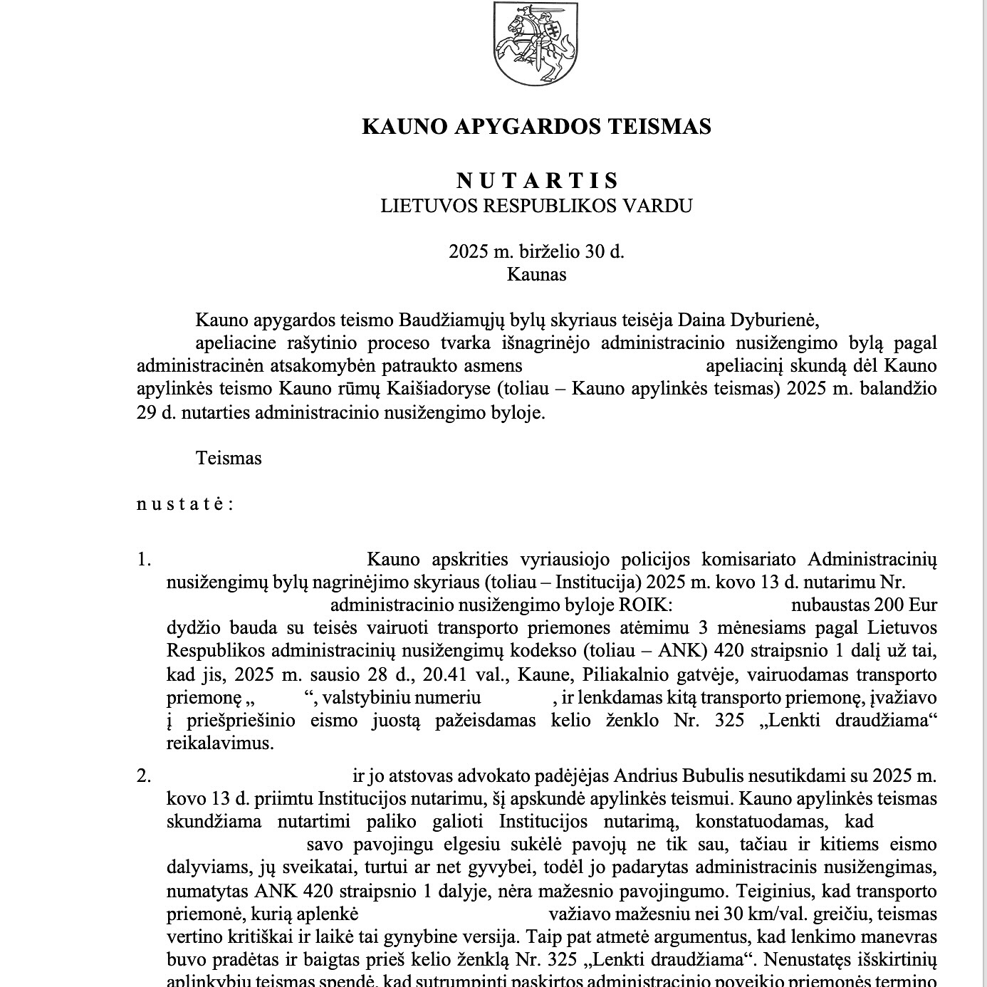 Teismo sprendimas – Lenkimas pažeidžiant ženklą Nr. 325: teisena nutra, psl. 5