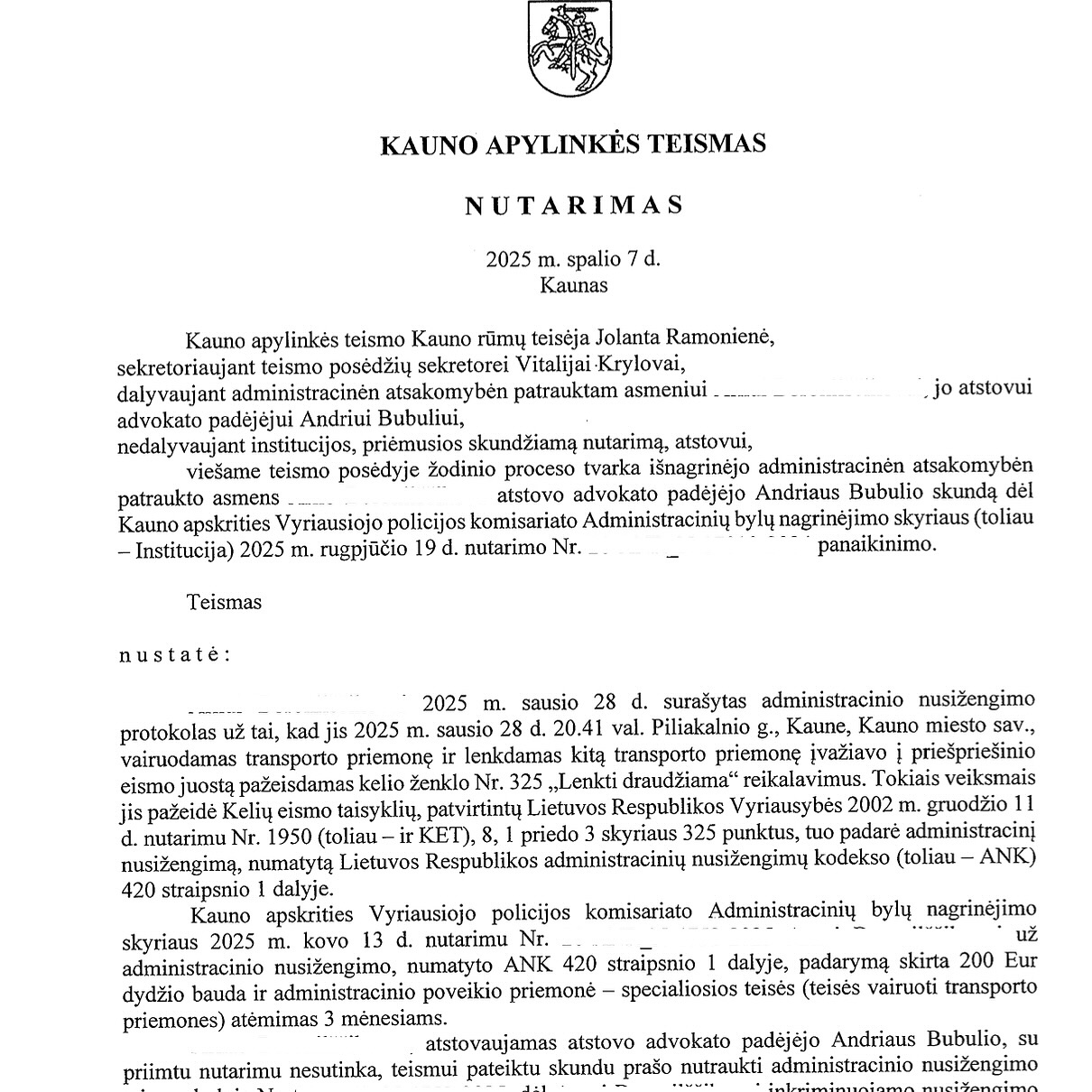 Teismo sprendimas – Lenkimas pažeidžiant ženklą Nr. 325: teisena nutra, psl. 7