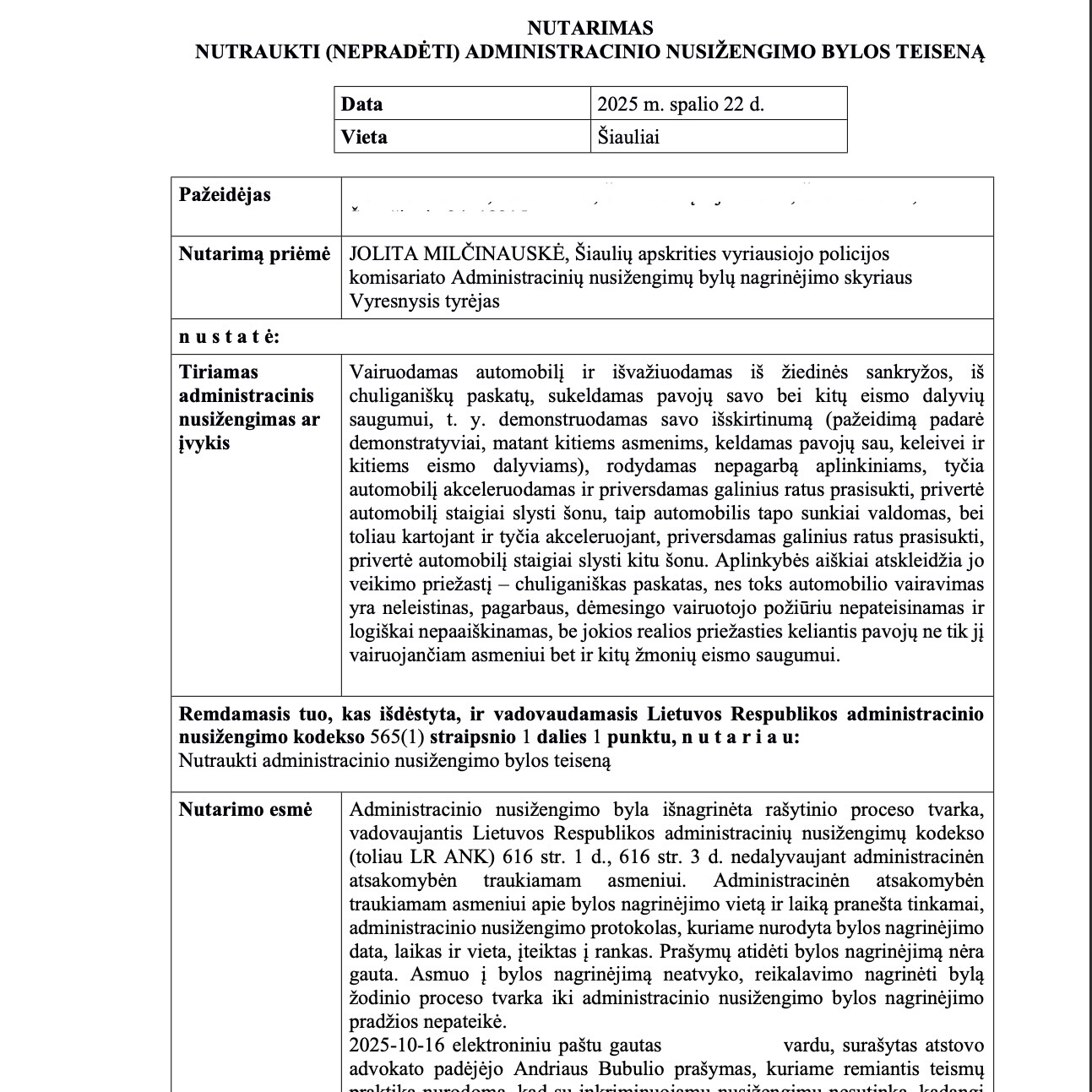 Teismo sprendimas – Chuliganiškas vairavimas (slydimas šonu): protokol, psl. 1