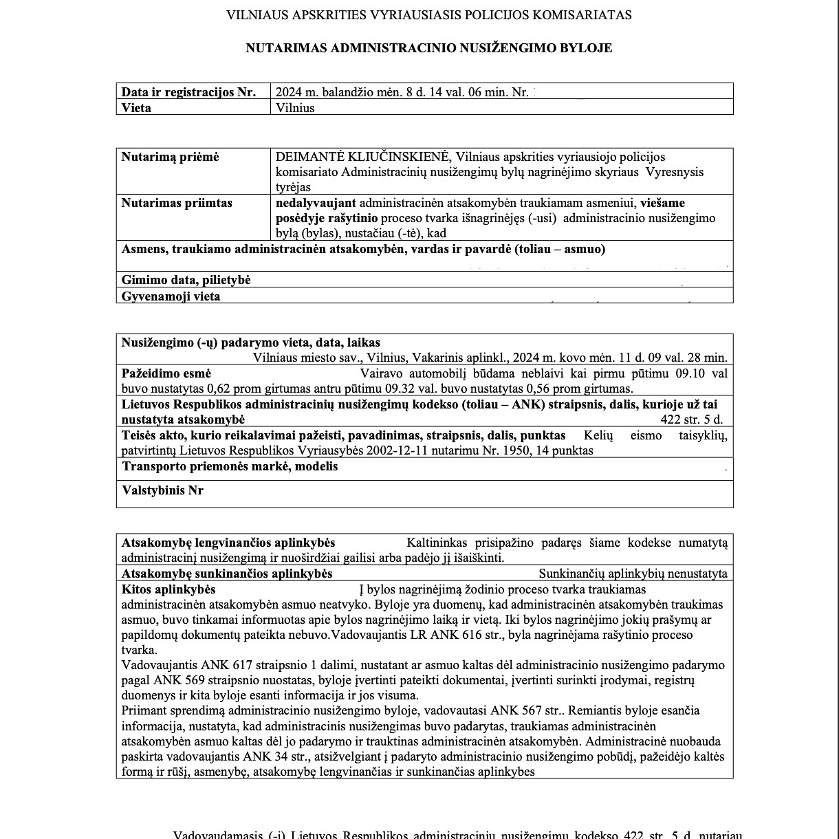 Teismo sprendimas – Neblaivumas 0,62 ‰: antialkoholinio variklio užrak, psl. 1