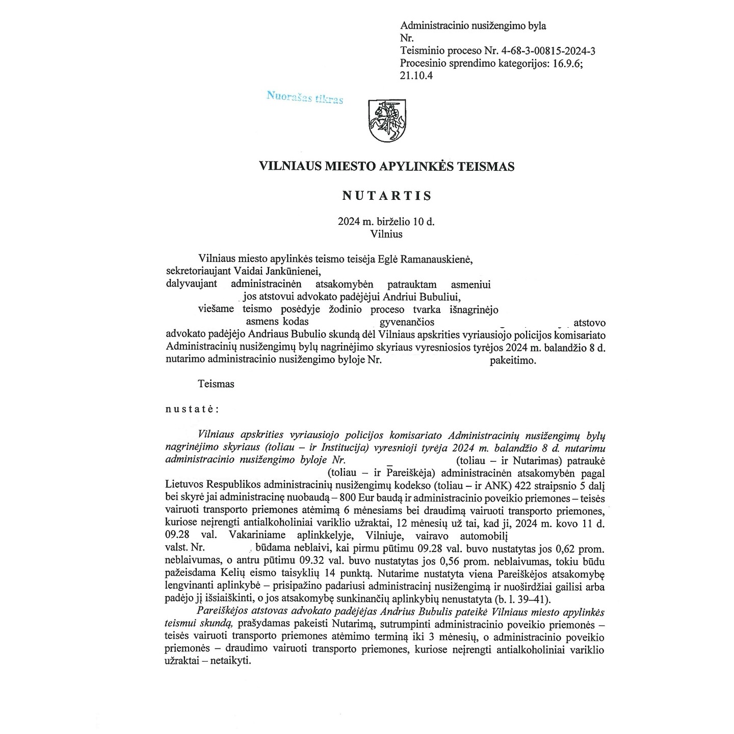 Teismo sprendimas – Neblaivumas 0,62 ‰: antialkoholinio variklio užrak, psl. 3