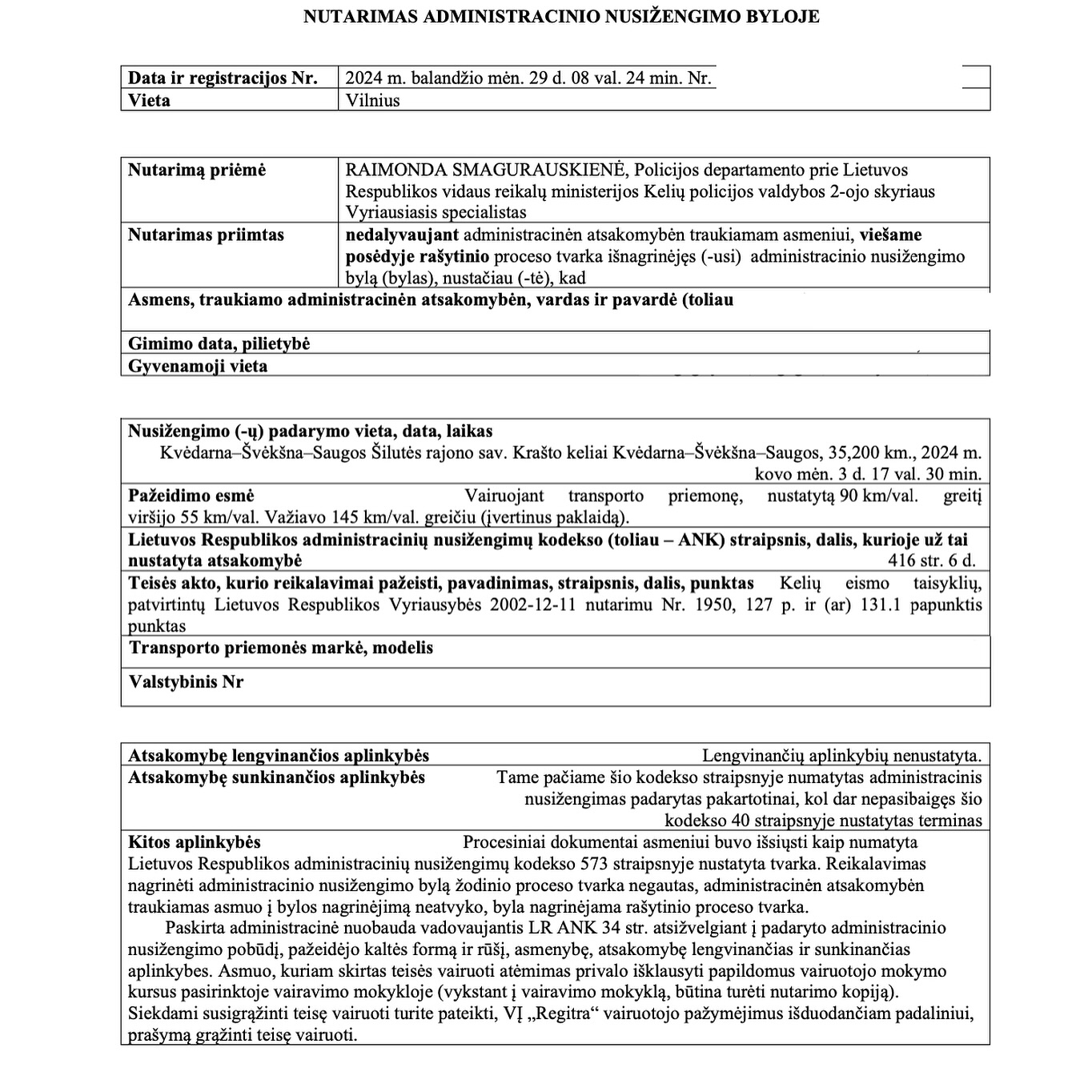 Teismo sprendimas – Greičio viršijimas 55 km/val: nutarimas panaikinta, psl. 1