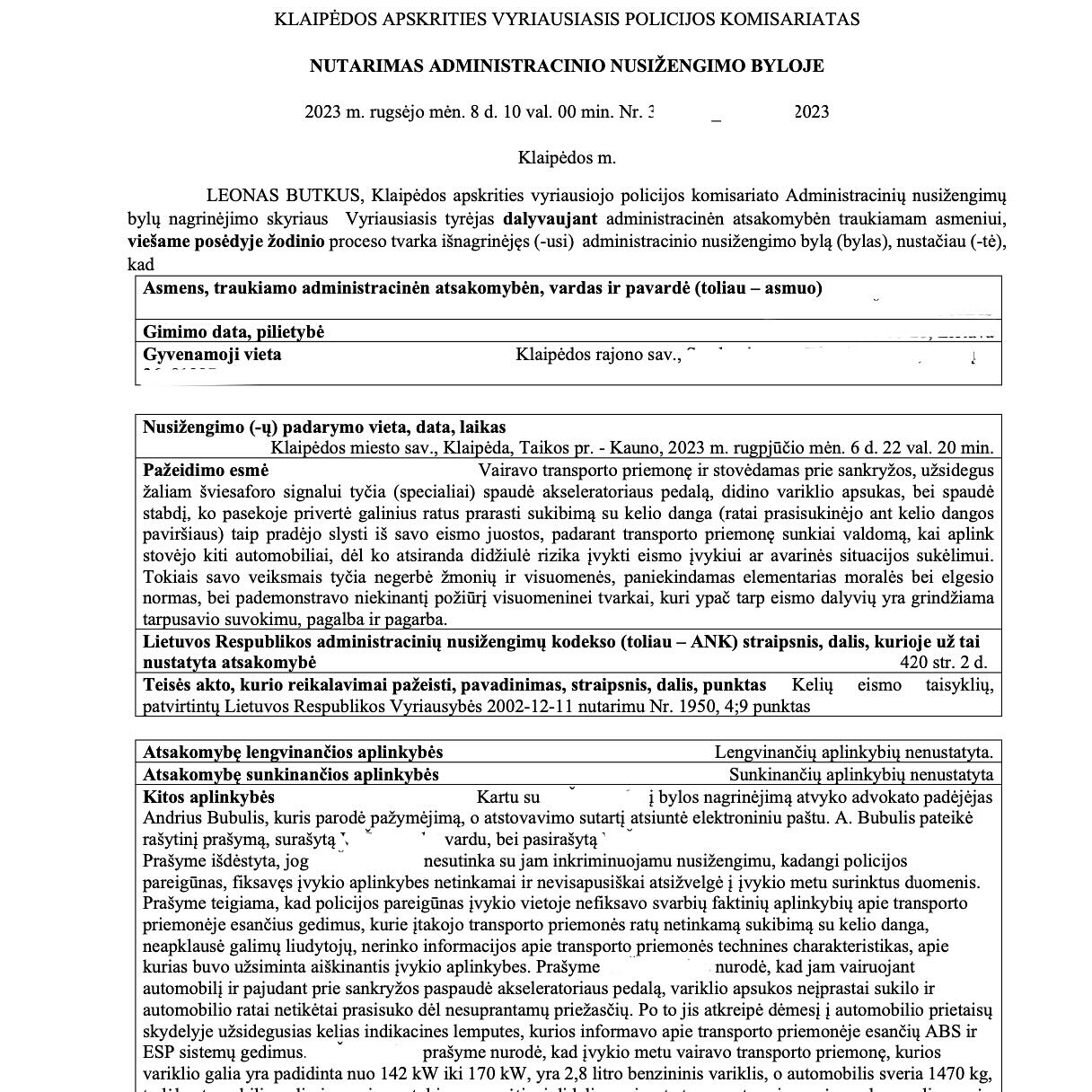 Teismo sprendimas – Chuliganiškas vairavimas: panaikintas 15 mėn. atėm, psl. 1