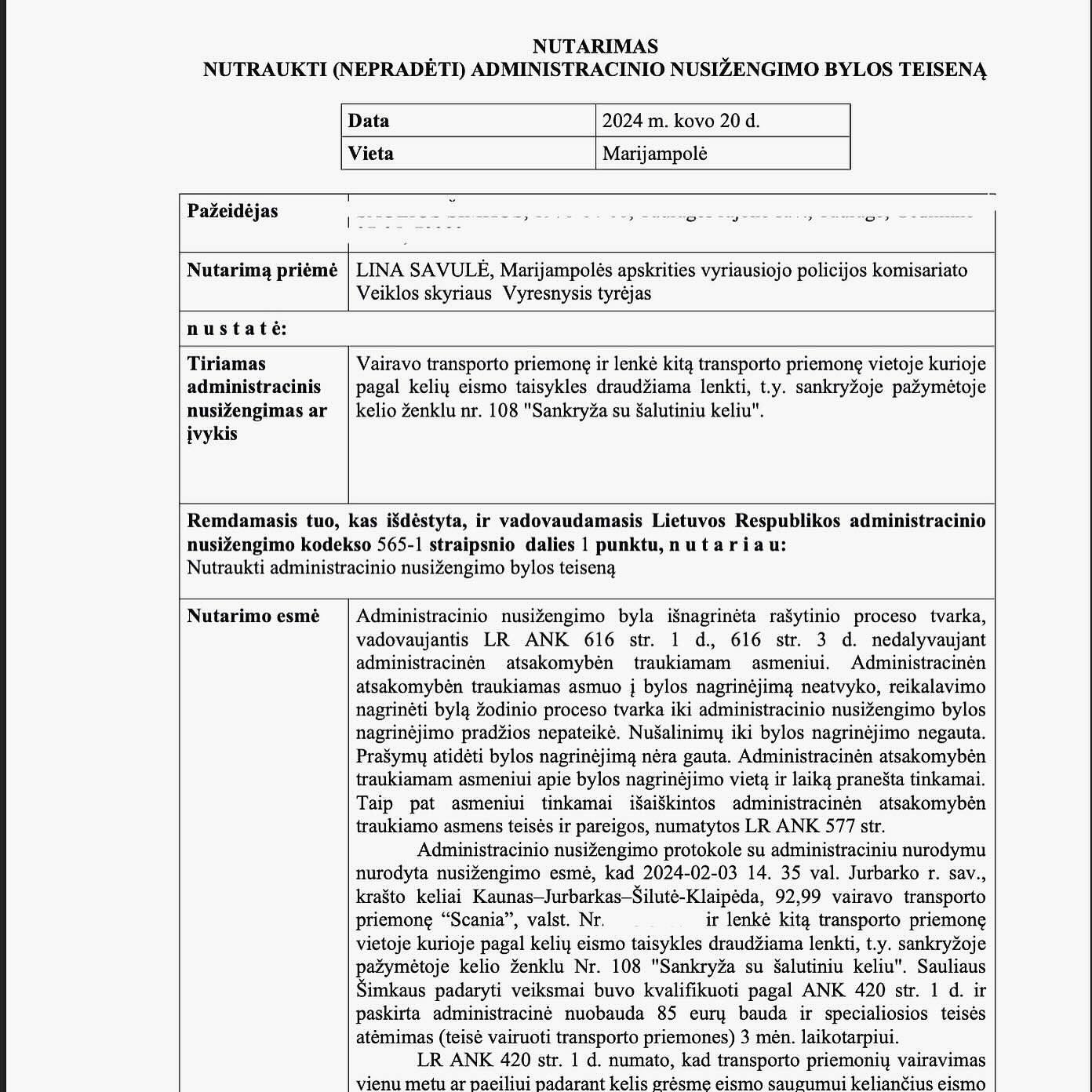 Teismo sprendimas – Lenkimas sankryžoje (ženklas Nr. 108): teisena nut, psl. 1