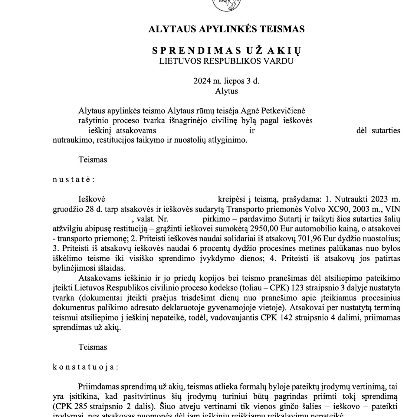 Teismo sprendimas – Netinkamos kokybės naudotas automobilis: ieškinys , psl. 1