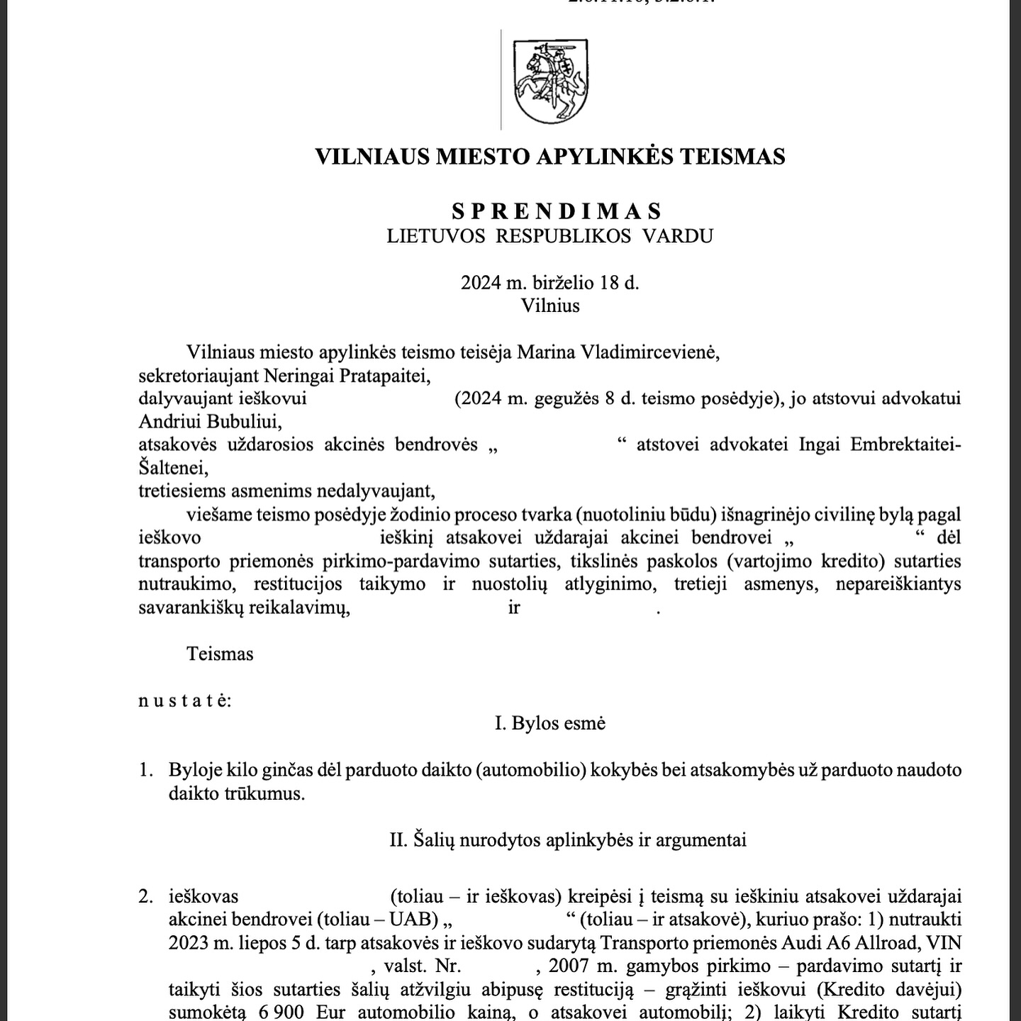 Teismo sprendimas – Automobilis iš įmonės su defektais: ieškinys paten, psl. 1