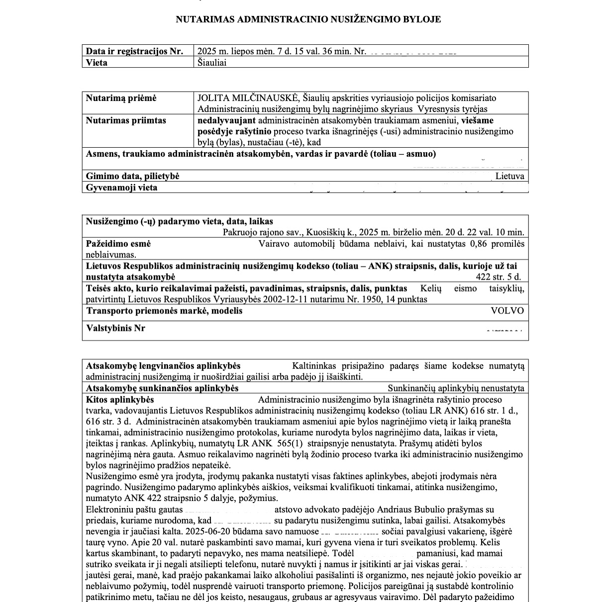 Teismo sprendimas – Neblaivumas 0,88 ‰: teisės vairuoti atėmimas sutru, psl. 1