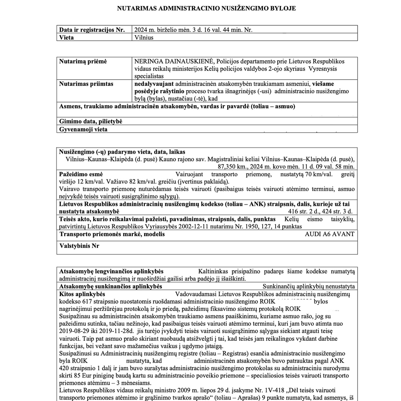 Teismo sprendimas – Greičio viršijimas ir vairavimas be teisės: atėmim, psl. 1
