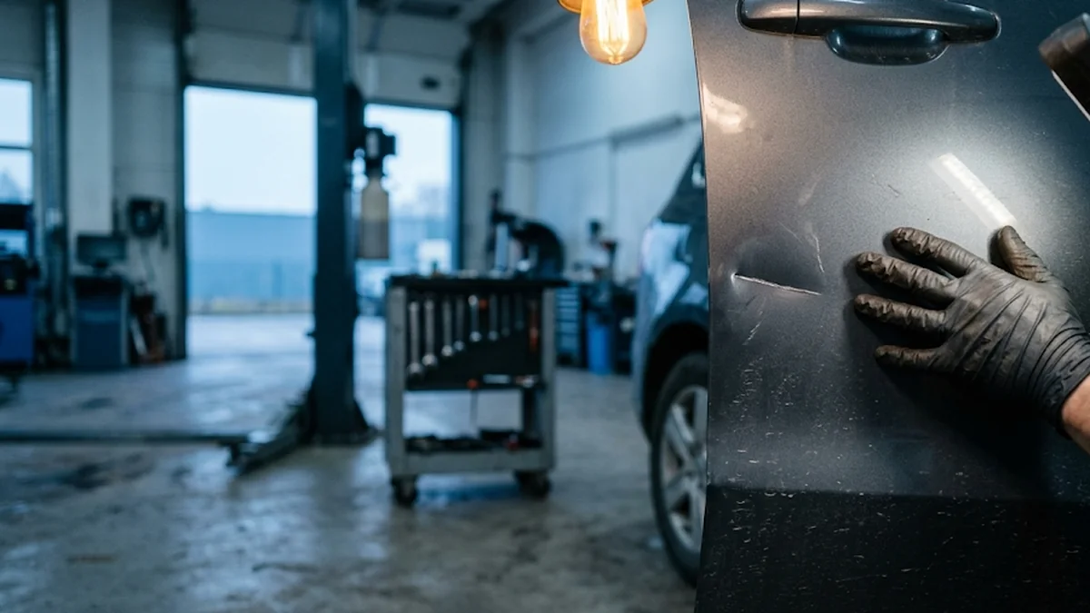 Įbrėžimas ant automobilio durelių serviso remonto zonoje