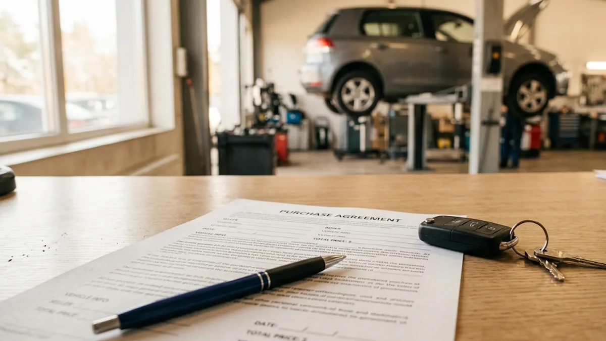 Naudoto automobilio pirkimo–pardavimo sutartis ir raktai ant stalo