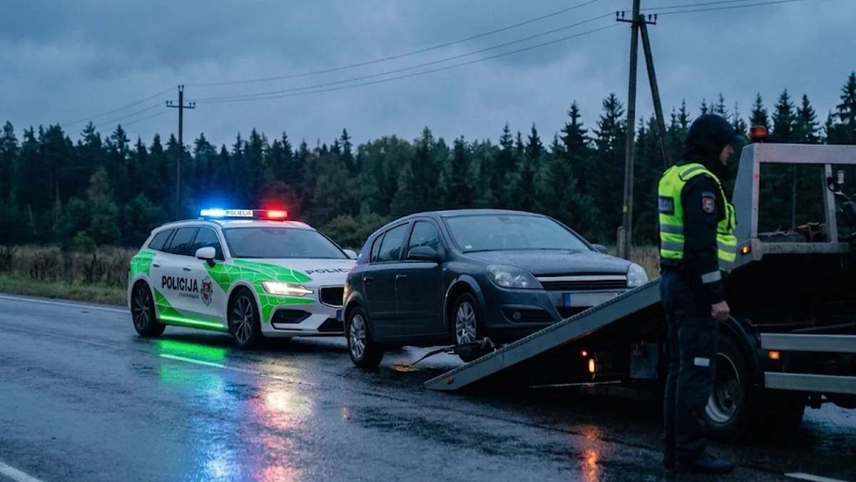 Automobilis keliamas ant tralo, šalia – policijos ekipažas pakelėje