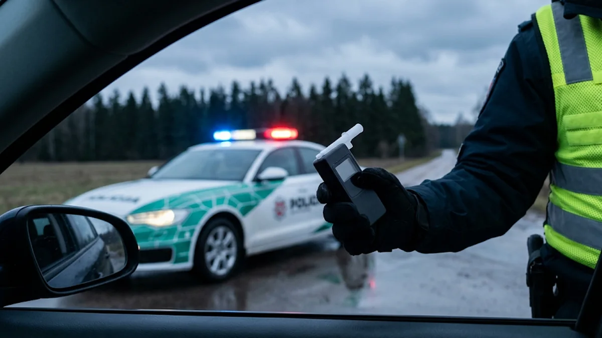 Pareigūnas paduoda alkotesterį su vienkartiniu kandikliu per vairuotojo langą
