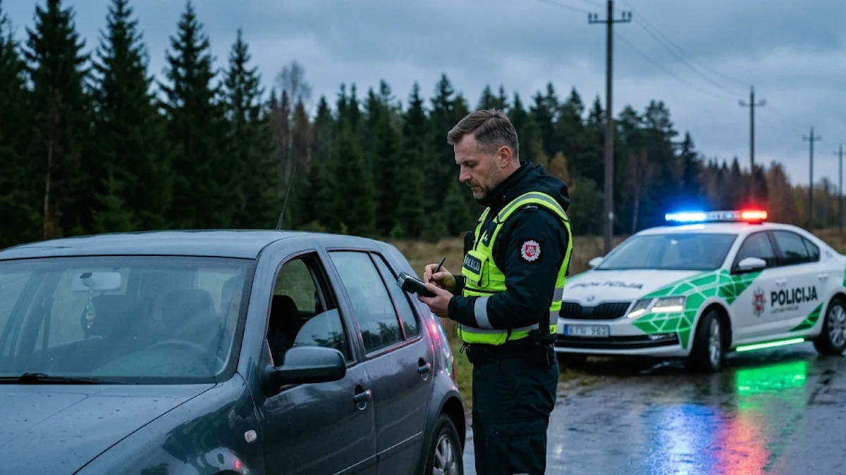 Pareigūnas prie sustabdyto automobilio lango pakelėje prieblandoje