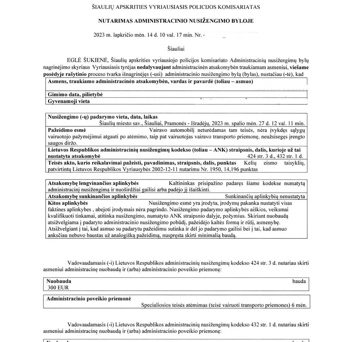 Teismo sprendimas – Vairavimas be teisės: apeliacine tvarka teisės vai, psl. 1