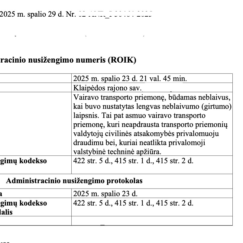 Teismo sprendimas – Neblaivumas, neapdraustas ir be techninės apžiūros, psl. 1