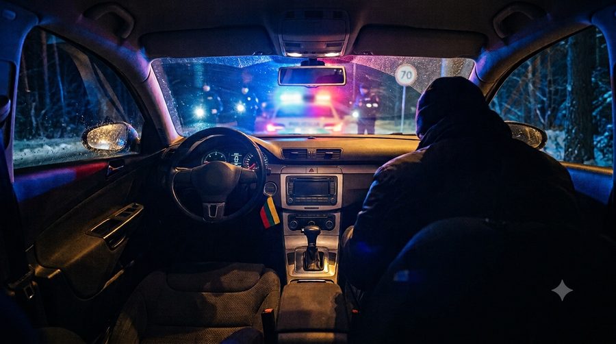 Naktis automobilyje su policijos švieslentėmis – keleivis nubaustas kaip vairuotojas