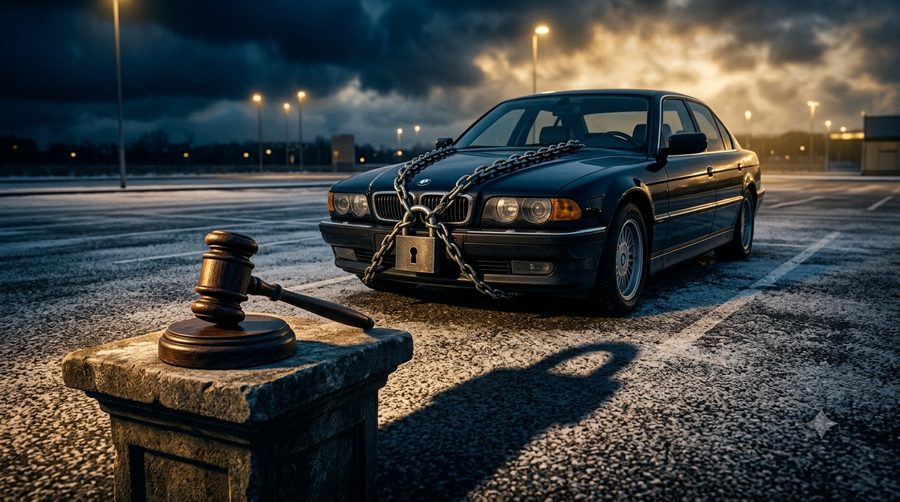 Automobilis su grandine ir teisėjo plaktukas – automobilio konfiskavimas